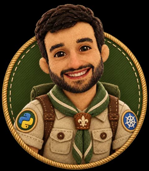 Jesús Fernández Míguez con uniforme scout, en una insignia de fieltro